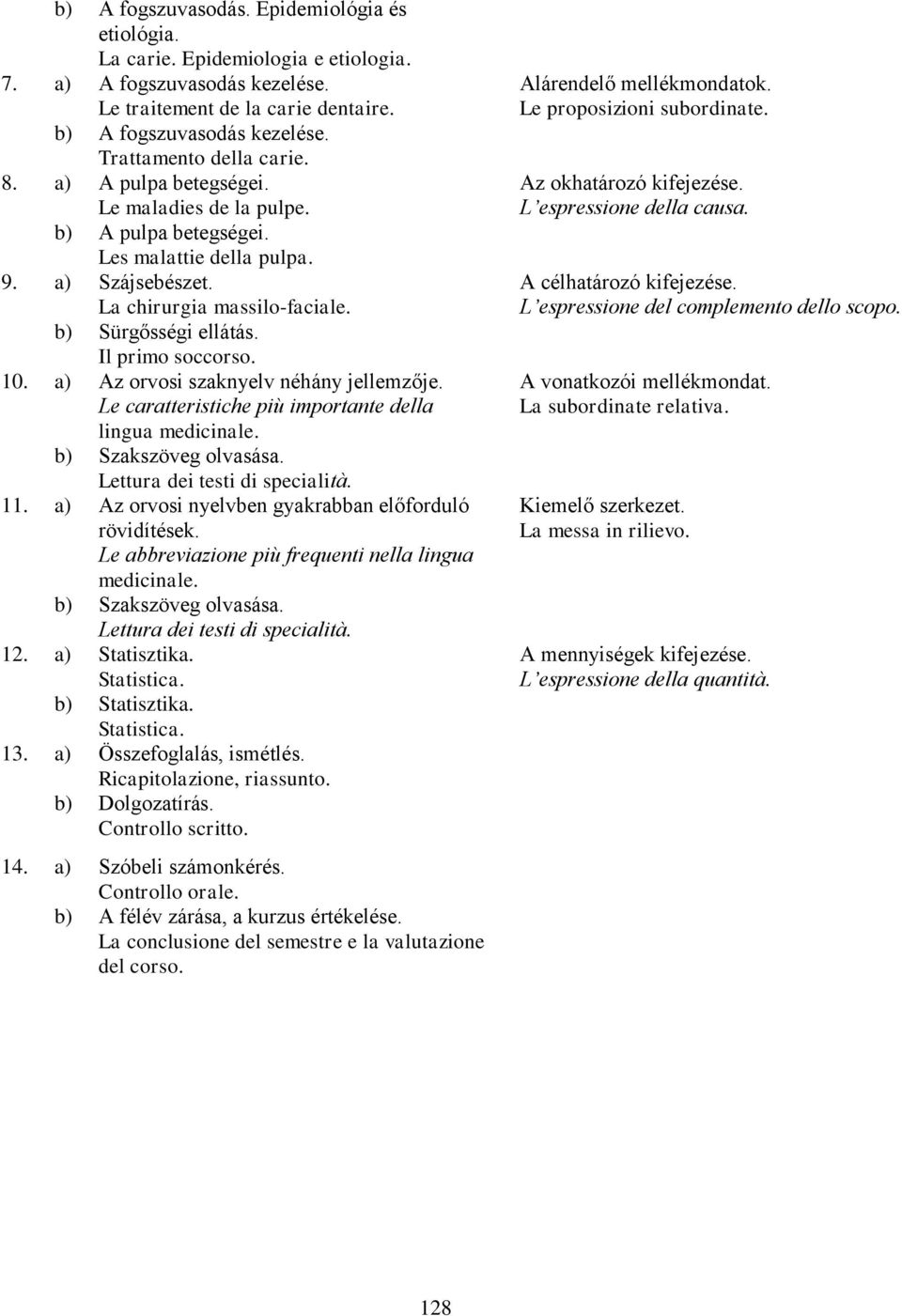 Il primo soccorso. 10. a) Az orvosi szaknyelv néhány jellemzője. Le caratteristiche più importante della lingua medicinale. b) Szakszöveg olvasása. Lettura dei testi di specialità. 11.