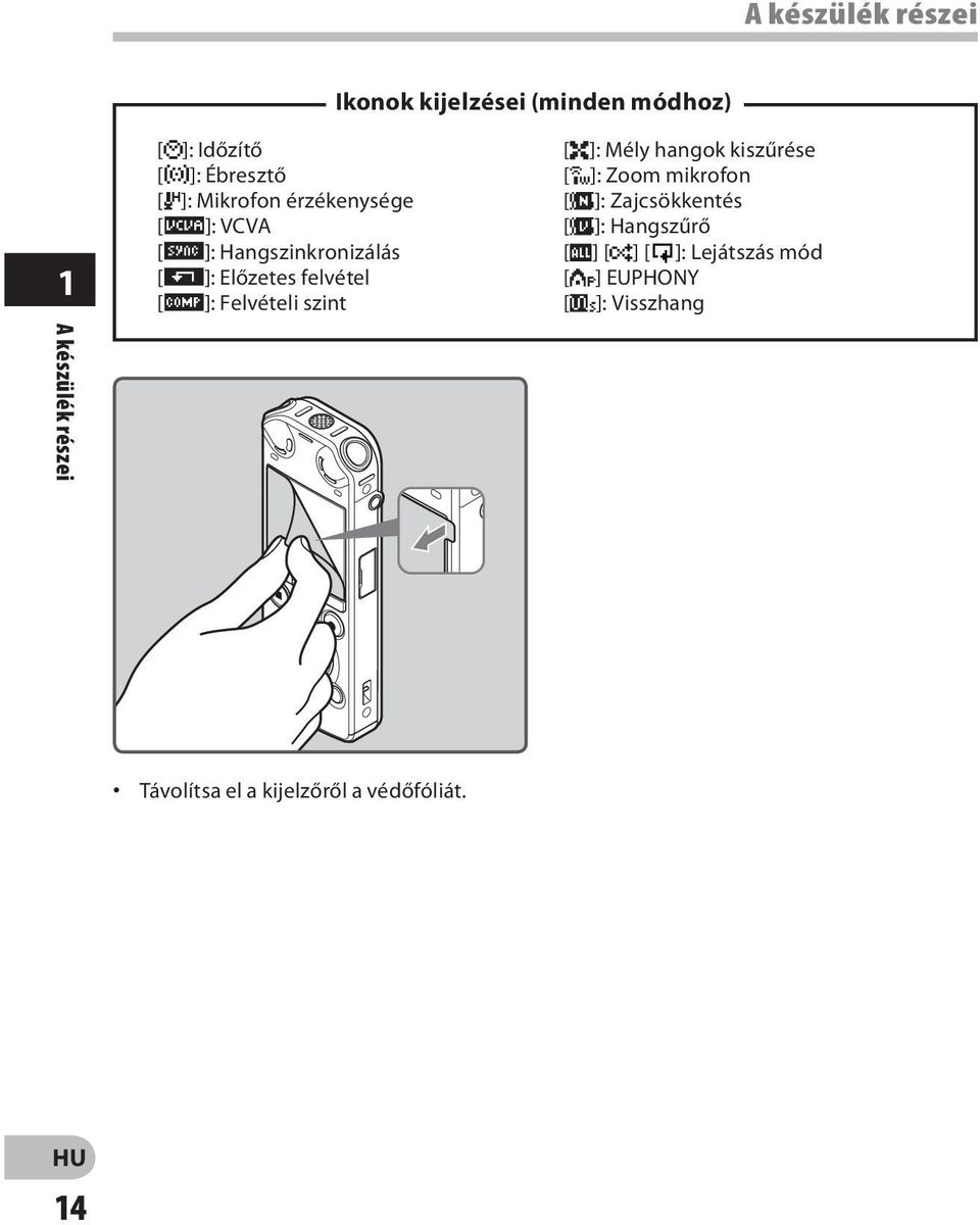 Felvételi szint [0]: Mély hangok kiszűrése [ ]: Zoom mikrofon [%]: Zajcsökkentés [$]: