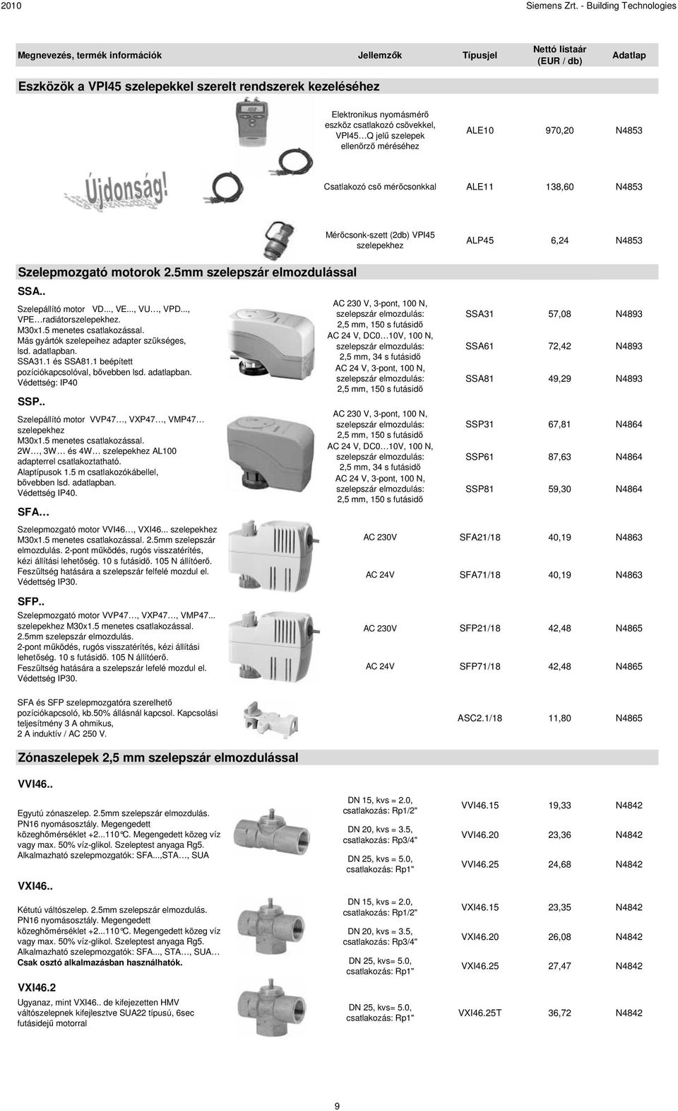 .., VPE radiátorszelepekhez. M30x1.5 menetes csatlakozással. Más gyártók szelepeihez adapter szükséges, lsd. adatlapban. SSA31.1 és SSA81.1 beépített pozíciókapcsolóval, bővebben lsd. adatlapban. Védettség: IP40 SSP.