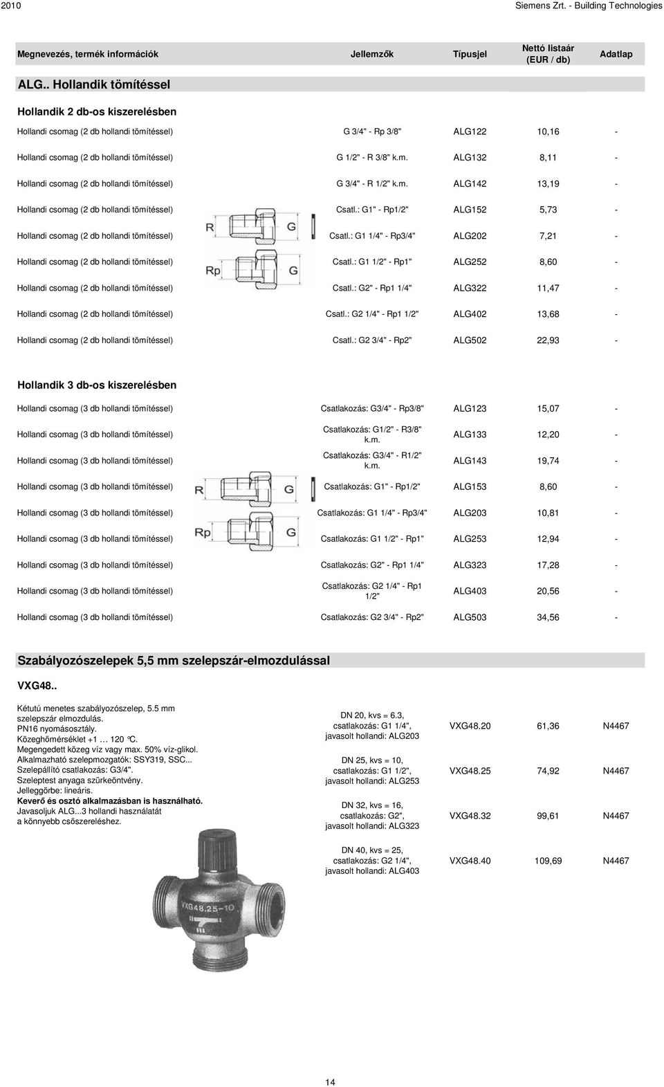 : G1 1/4" - Rp3/4" ALG202 7,21 - Hollandi csomag (2 db hollandi tömítéssel) Csatl.: G1 1/2" - Rp1" ALG252 8,60 - Hollandi csomag (2 db hollandi tömítéssel) Csatl.