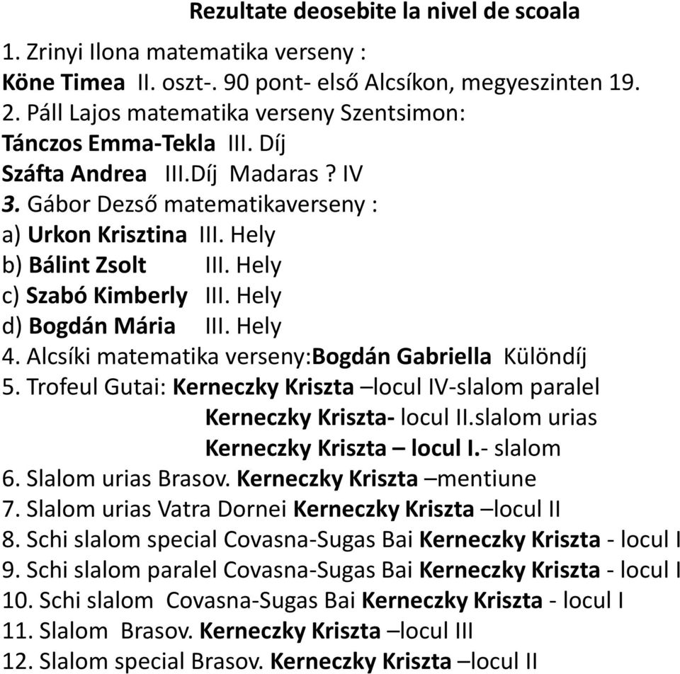 Hely c) Szabó Kimberly III. Hely d) Bogdán Mária III. Hely 4. Alcsíki matematika verseny:bogdán Gabriella Különdíj 5.