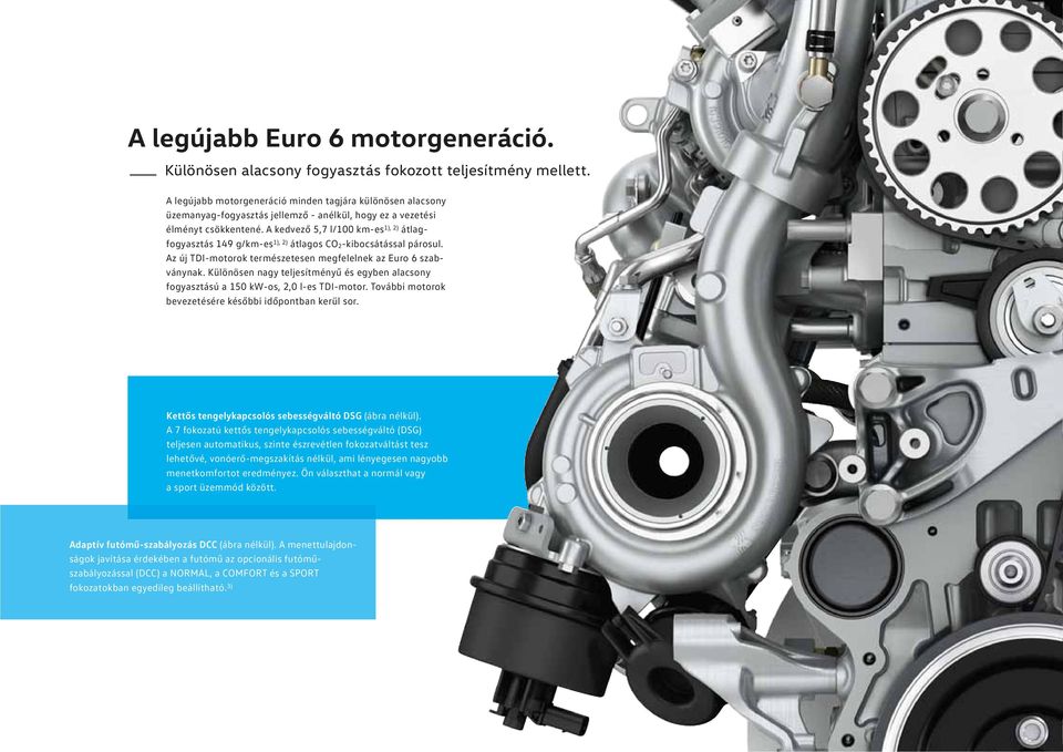 A kedvező 5,7 l/100 km-es 1), 2) átlagfogyasztás 149 g/km-es 1), 2) átlagos CO 2-kibocsátással párosul. Az új TDI-motorok természetesen megfelelnek az Euro 6 szabvány nak.