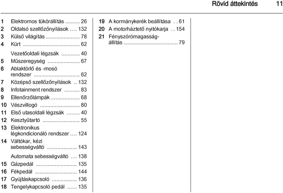 .. 80 11 Első utasoldali légzsák... 40 12 Kesztyűtartó... 55 13 Elektronikus légkondicionáló rendszer... 124 14 Váltókar, kézi sebességváltó... 143 Automata sebességváltó.