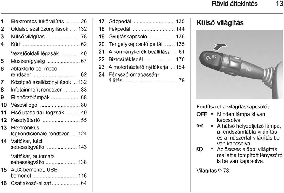 .. 55 13 Elektronikus légkondicionáló rendszer... 124 14 Váltókar, kézi sebességváltó... 143 Váltókar, automata sebességváltó... 138 15 AUX-bemenet, USBbemenet... 116 16 Csatlakozó-aljzat.