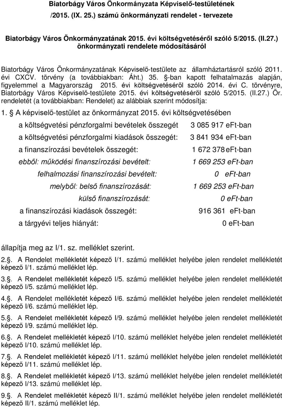 -ban kapott felhatalmazás alapján, figyelemmel a Magyarország 215. évi költségvetéséről szóló 214. évi C. törvényre, Biatorbágy Város Képviselő-testülete 215. évi költségvetéséről szóló 5/215. (II.27.