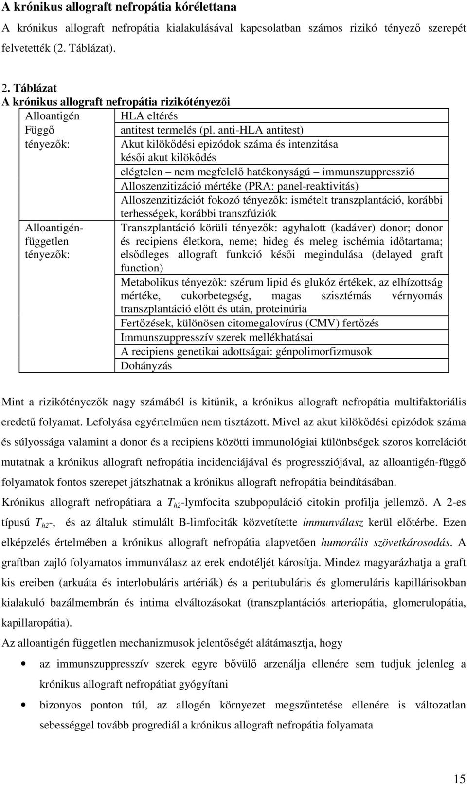 anti-hla antitest) tényezık: Akut kilökıdési epizódok száma és intenzitása késıi akut kilökıdés elégtelen nem megfelelı hatékonyságú immunszuppresszió Alloszenzitizáció mértéke (PRA: