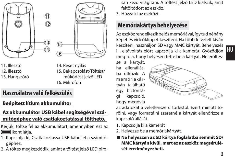 Húzza ki az eszközt. 11. Illesztő 12. Illesztő 13. Hangszóró Használatra való felkészülés 14. Reset nyílás 15. Bekapcsolást/Töltést/ működést jelző LED 16.