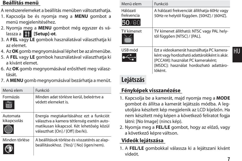 A FEL vagy LE gombok használatával választhatja ki a kívánt elemet. 6. Az OK gomb megnyomásával erősítheti meg választását. 7. A MENU gomb megnyomásával bezárhatja a menüt.