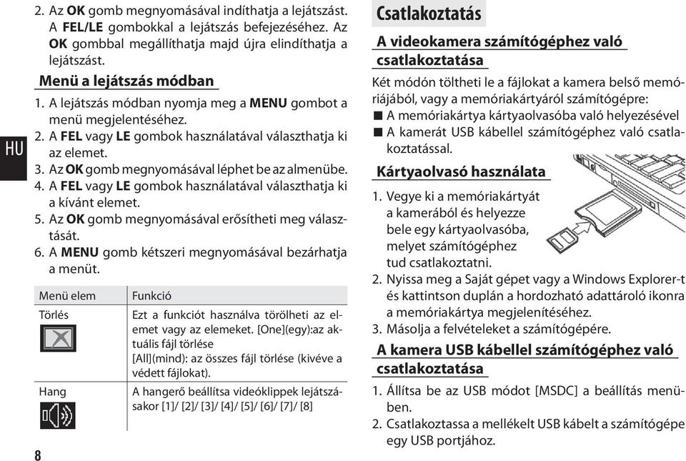 A FEL vagy LE gombok használatával választhatja ki a kívánt elemet. 5. Az OK gomb megnyomásával erősítheti meg választását. 6. A MENU gomb kétszeri megnyomásával bezárhatja a menüt.