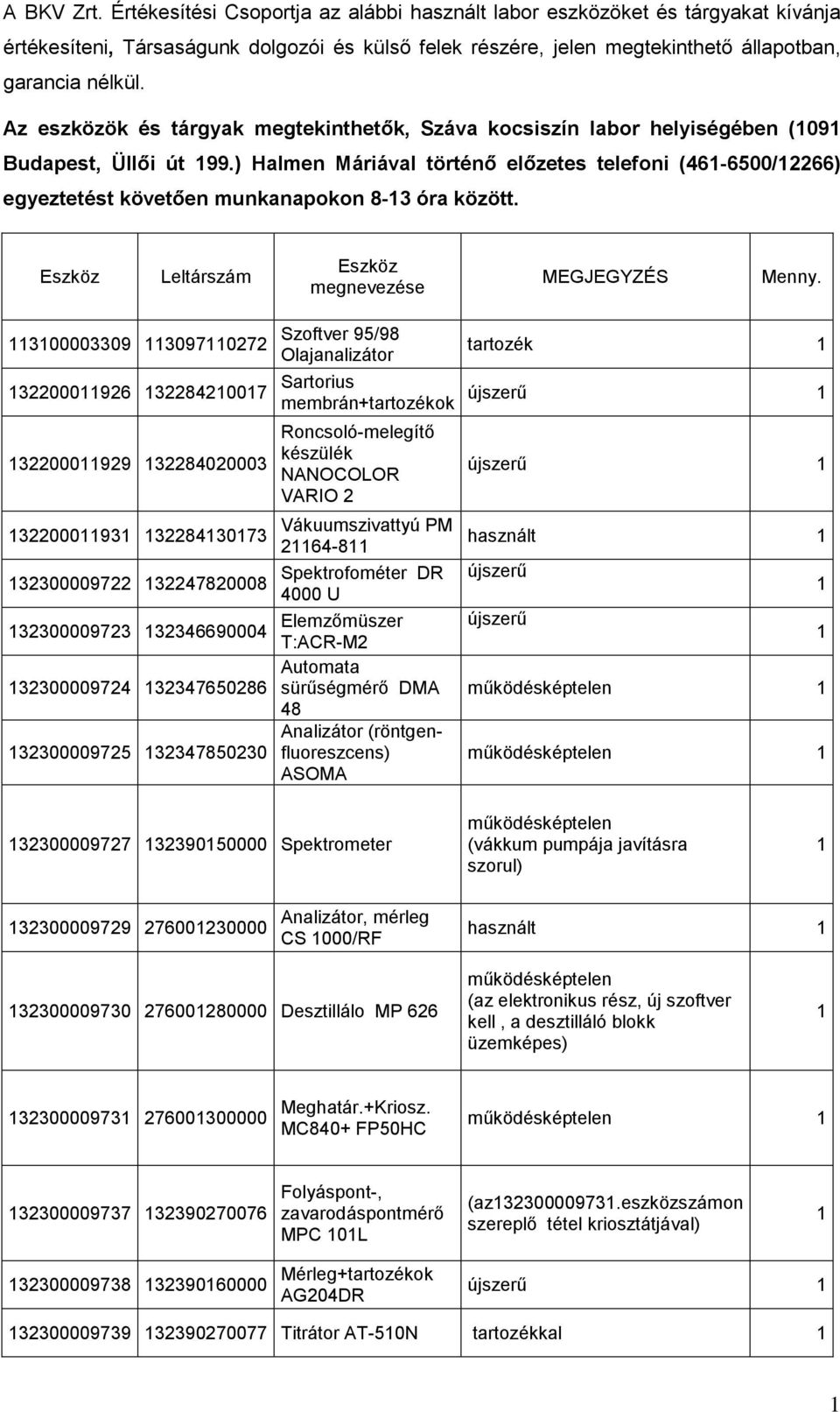 ) Halmen Máriával történő előzetes telefoni (46-6500/2266) egyeztetést követően munkanapokon 8-3 óra között. Eszköz Leltárszám Eszköz megnevezése MEGJEGYZÉS Menny.