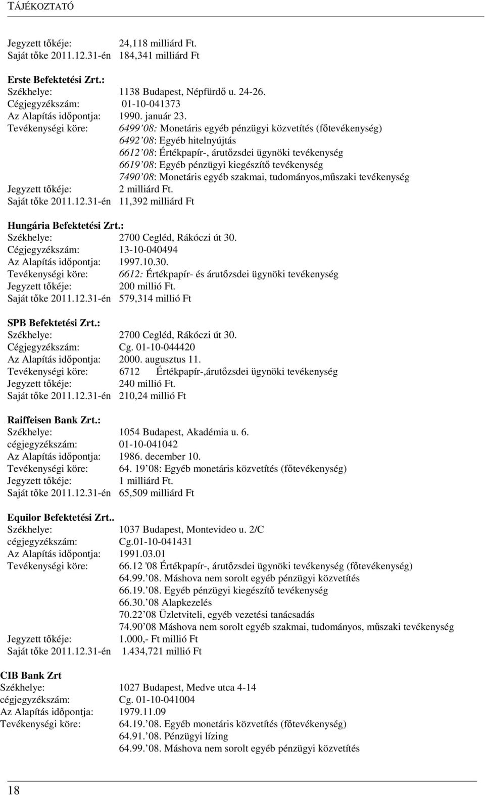 Tevékenységi köre: 6499 08: Monetáris egyéb pénzügyi közvetítés (főtevékenység) 6492 08: Egyéb hitelnyújtás 6612 08: Értékpapír-, árutőzsdei ügynöki tevékenység 6619 08: Egyéb pénzügyi kiegészítő