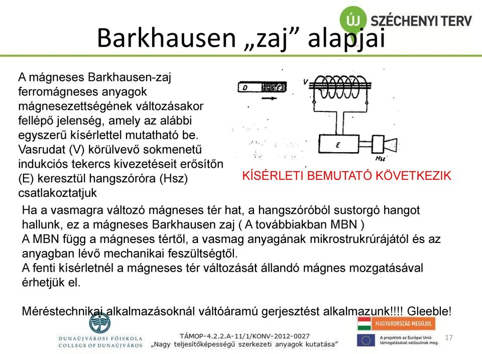 tér hat, a hangszóróból sustorgó hangot hallunk, ez a mágneses Barkhausen zaj ( A továbbiakban MBN ) A MBN függ a mágneses tértől, a vasmag anyagának mikrostrukrúrájától és az anyagban