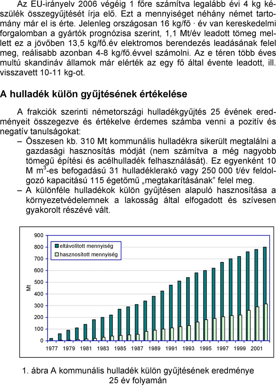 év elektromos berendezés leadásának felel meg, reálisabb azonban 4-8 kg/fő.évvel számolni. Az e téren több éves multú skandináv államok már elérték az egy fő által évente leadott, ill.