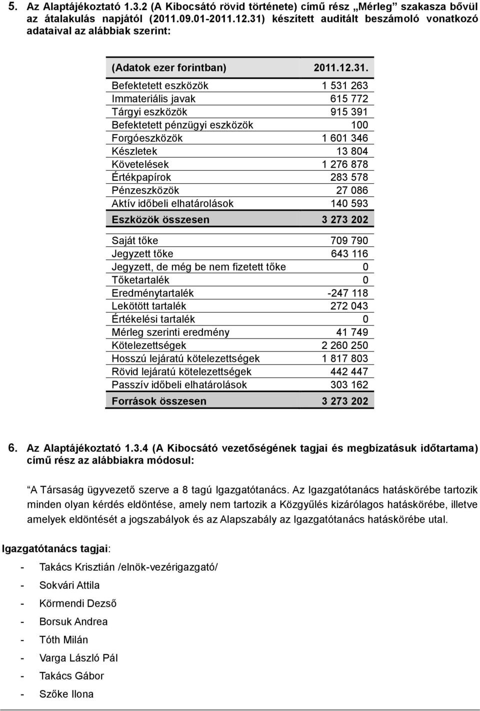 Befektetett pénzügyi eszközök 100 Forgóeszközök 1 601 346 Készletek 13 804 Követelések 1 276 878 Értékpapírok 283 578 Pénzeszközök 27 086 Aktív időbeli elhatárolások 140 593 Eszközök összesen 3 273