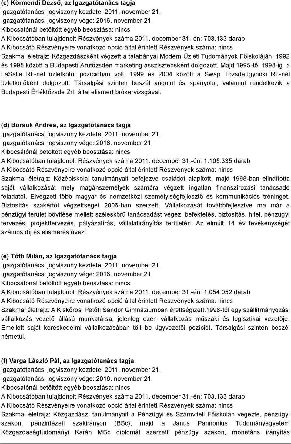 133 darab A Kibocsátó Részvényeire vonatkozó opció által érintett Részvények száma: nincs Szakmai életrajz: Közgazdászként végzett a tatabányai Modern Üzleti Tudományok Főiskoláján.