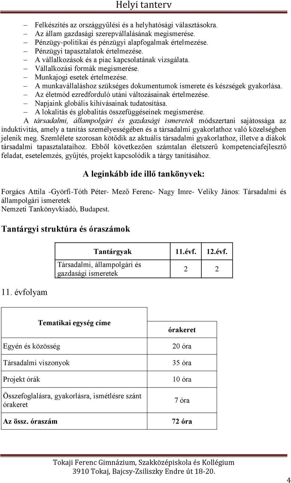 A munkavállaláshoz szükséges dokumentumok ismerete és készségek gyakorlása. Az életmód ezredforduló utáni változásainak értelmezése. Napjaink globális kihívásainak tudatosítása.