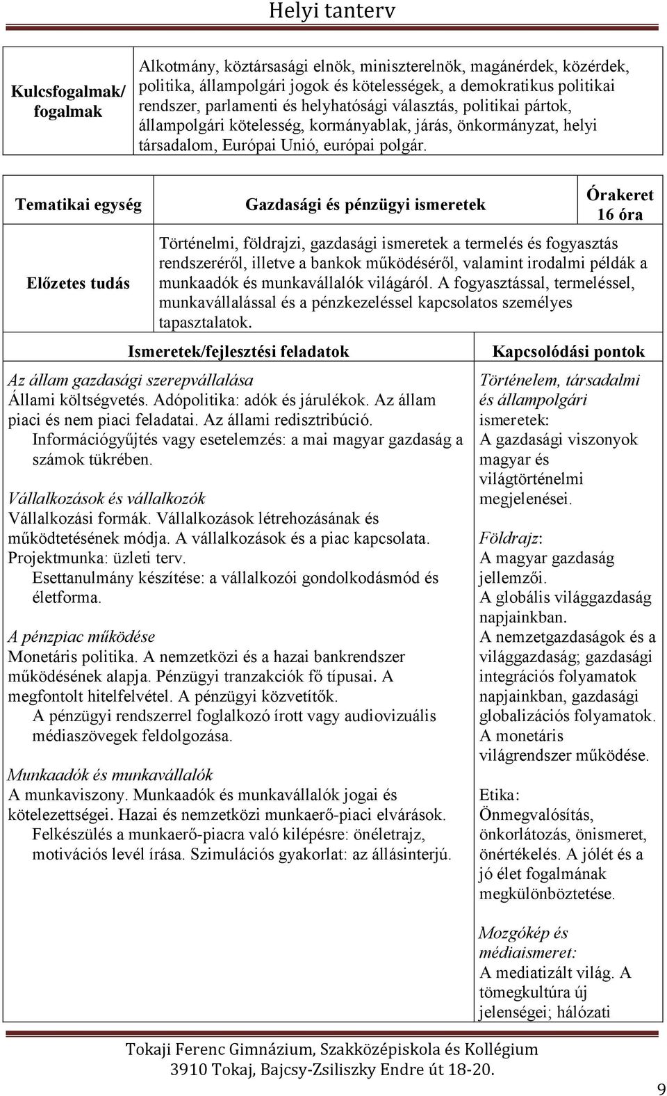 Tematikai egység Előzetes tudás Gazdasági és pénzügyi ismeretek Órakeret 16 óra Történelmi, földrajzi, gazdasági ismeretek a termelés és fogyasztás rendszeréről, illetve a bankok működéséről,