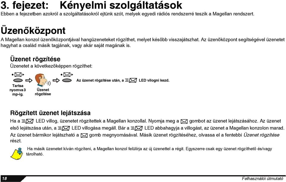 Az üzenőközpont segítségével üzenetet hagyhat a család másik tagjának, vagy akár saját magának is. Üzenet rögzítése Üzenetet a következőképpen rögzíthet: Tartsa nyomva 3 mp-ig.
