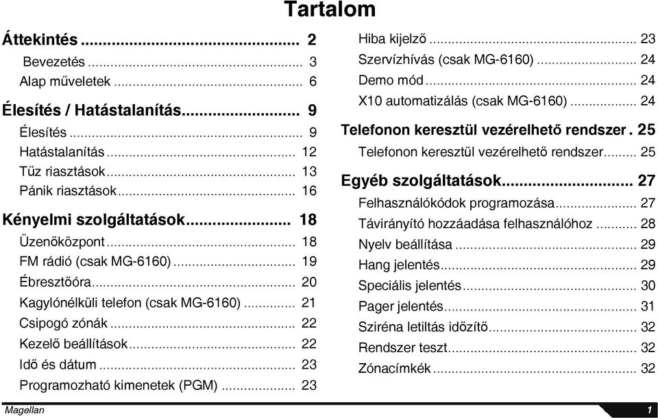 .. 23 Programozható kimenetek (PGM)... 23 Hiba kijelző... 23 Szervízhívás (csak MG-6160)... 24 Demo mód... 24 X10 automatizálás (csak MG-6160)... 24 Telefonon keresztül vezérelhető rendszer.