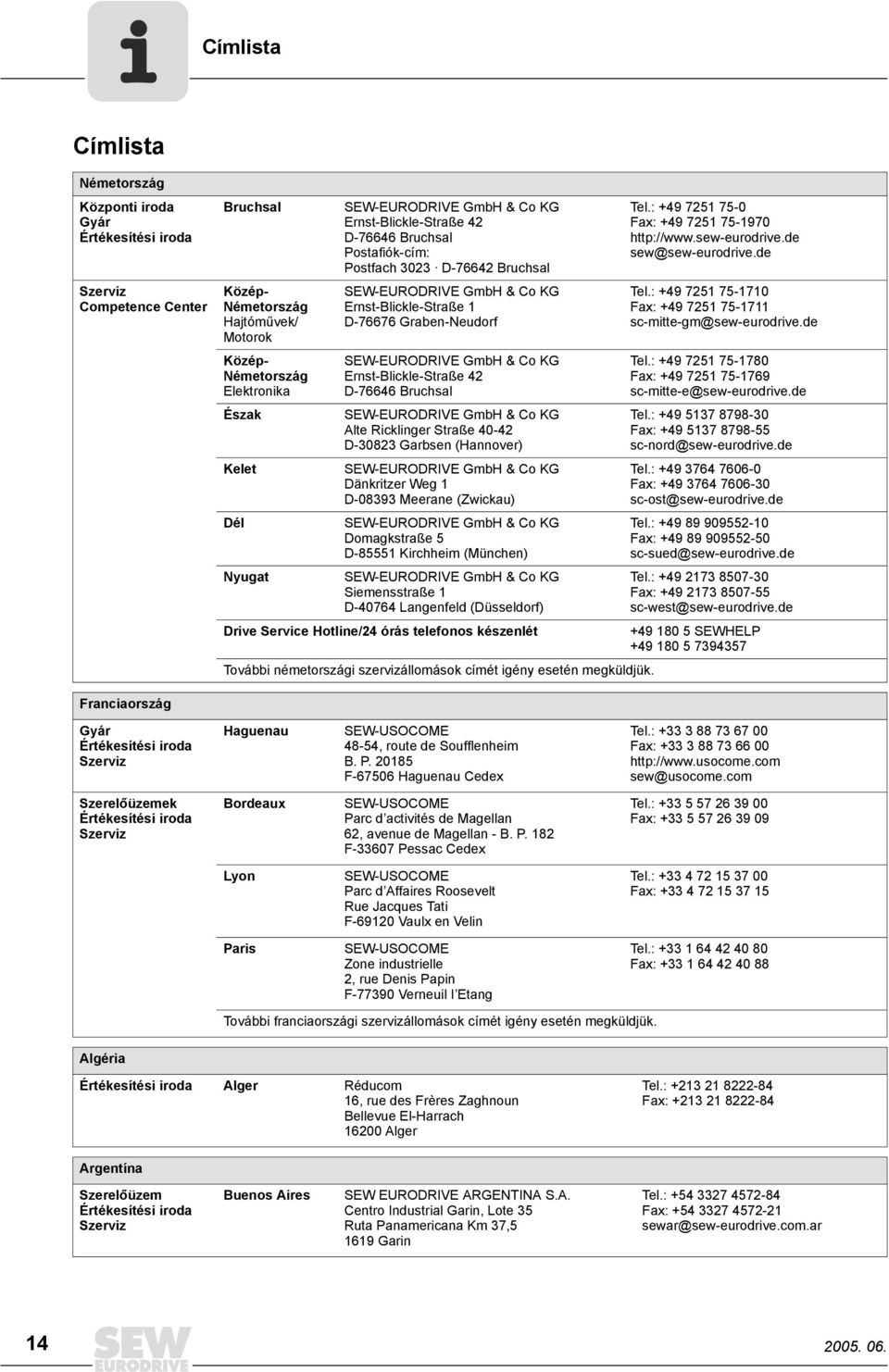 Ernst-Blickle-Straße 42 D-76646 Bruchsal SEW-EURODRIVE GmbH & Co KG Alte Ricklinger Straße 40-42 D-30823 Garbsen (Hannover) SEW-EURODRIVE GmbH & Co KG Dänkritzer Weg 1 D-08393 Meerane (Zwickau)