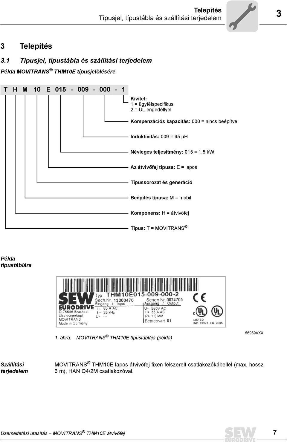 kapacitás: 000 = nincs beépítve Induktivitás: 009 = 95 µh Névleges teljesítmény: 015 = 1,5 kw Az átvivőfej típusa: E = lapos Típussorozat és generáció Beépítés típusa: M = mobil