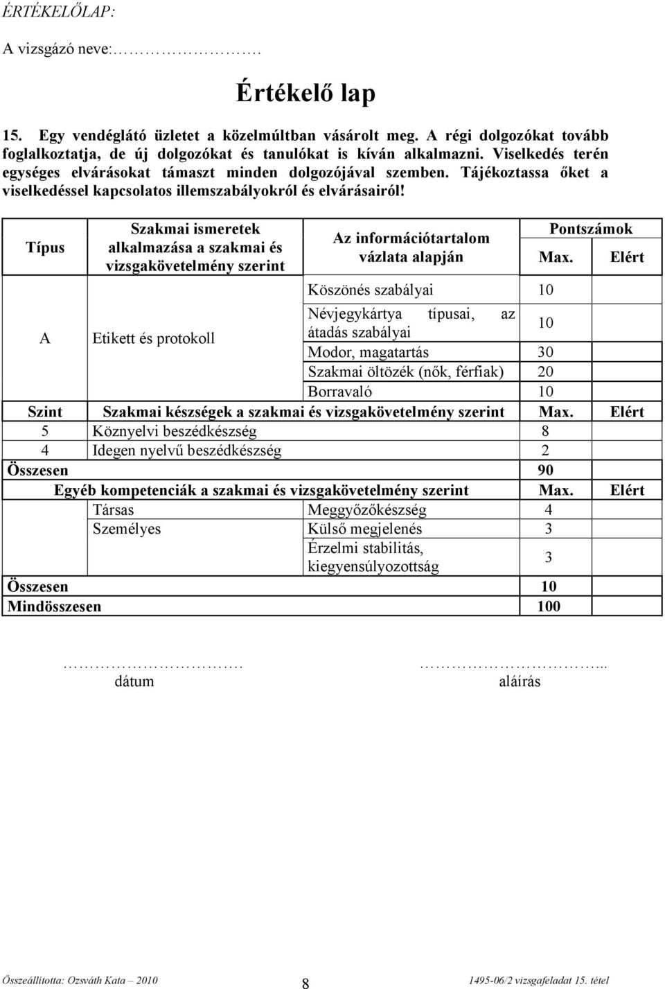 Típus Szakmai ismeretek alkalmazása a szakmai és vizsgakövetelmény szerint Az információtartalom vázlata alapján Köszönés szabályai 10 Pontszámok Max.