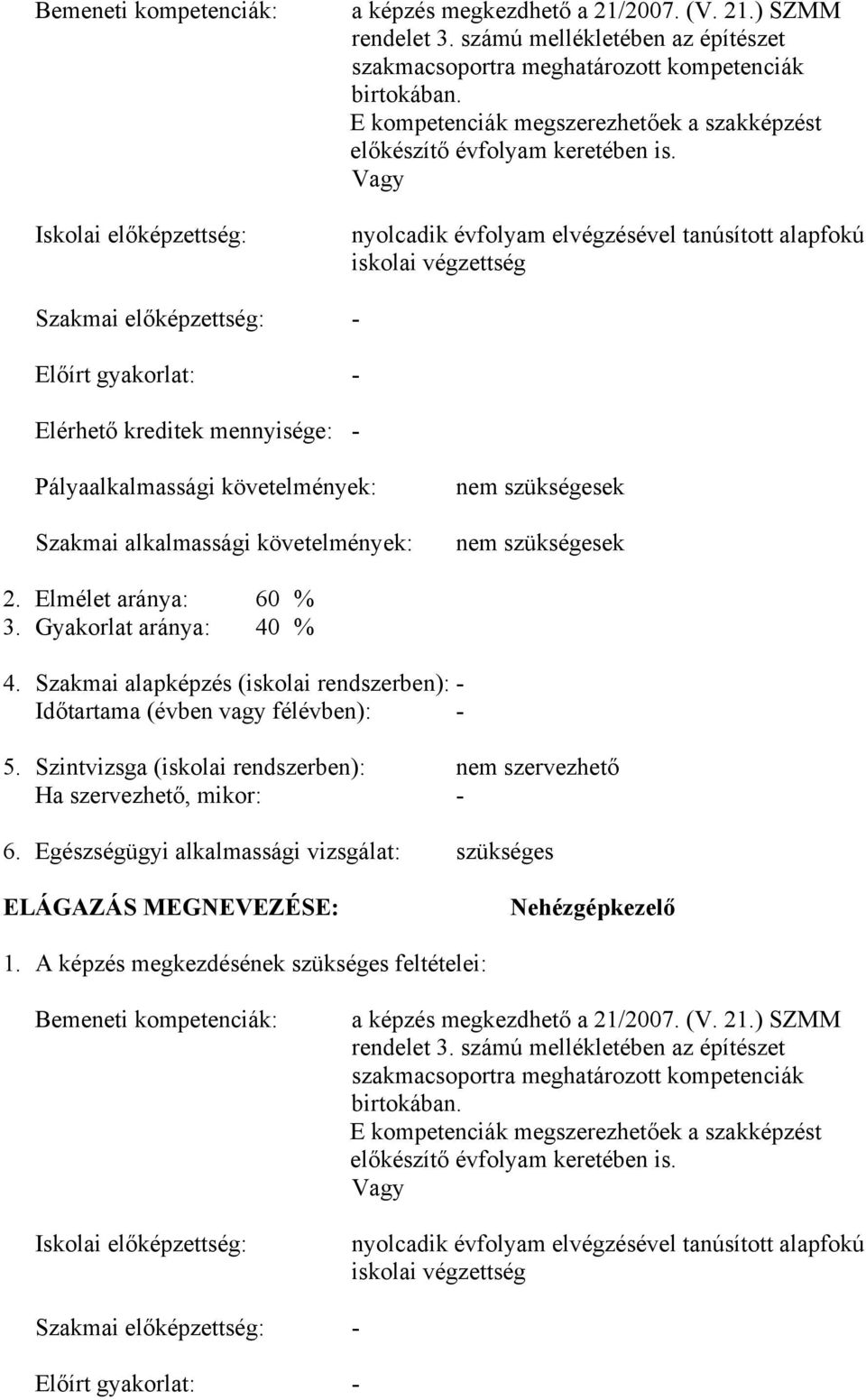 Vagy Iskolai előképzettség: nyolcadik évfolyam elvégzésével tanúsított alapfokú iskolai végzettség Szakmai előképzettség: - Előírt gyakorlat: - Elérhető kreditek mennyisége: - Pályaalkalmassági