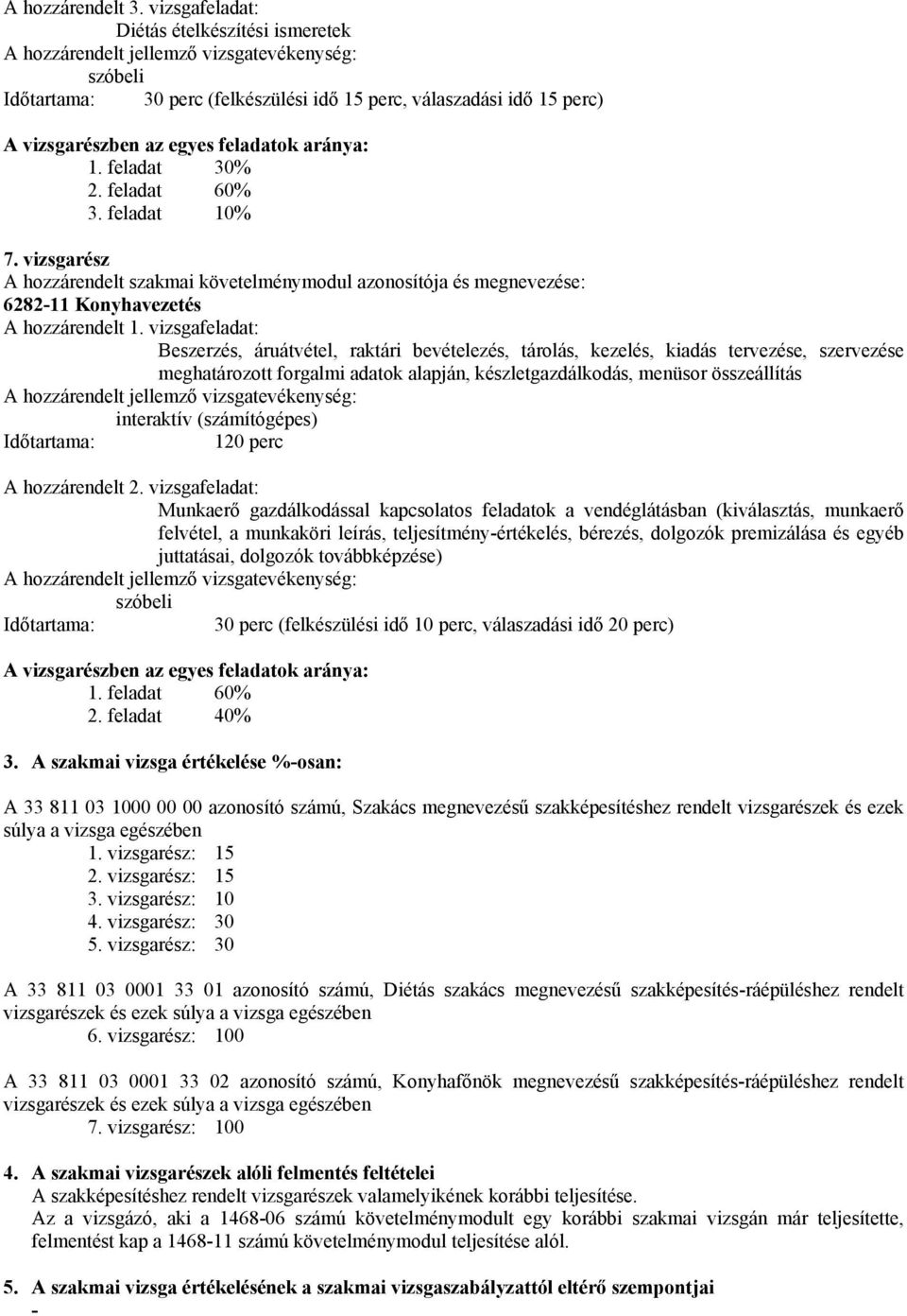 feladat 30% 2. feladat 60% 3. feladat 10% 7. vizsgarész hozzárendelt szakmai követelménymodul azonosítója és megnevezése: 6282-11 Konyhavezetés hozzárendelt 1.