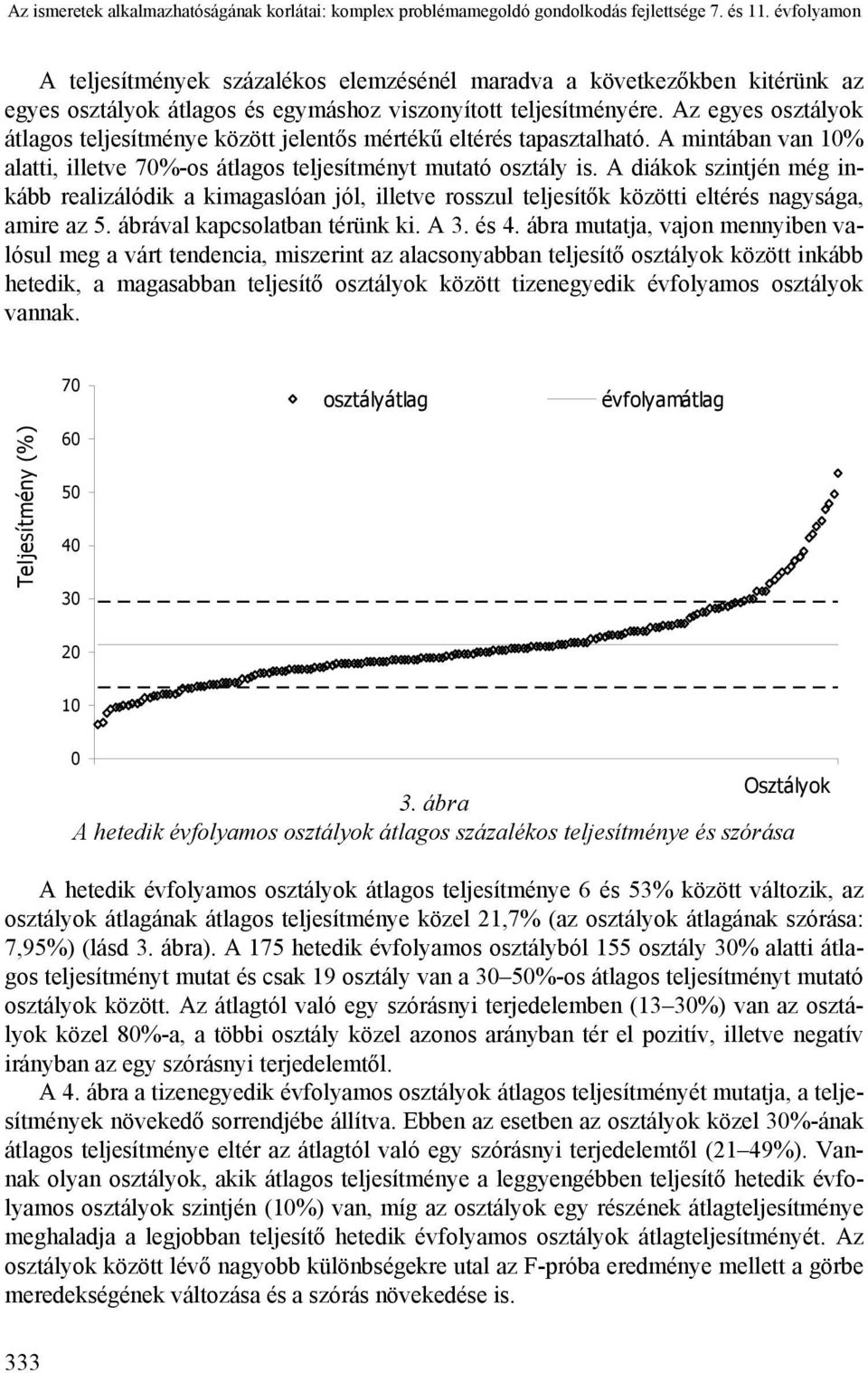 Az egyes osztályok átlagos teljesítménye között jelentős mértékű eltérés tapasztalható. A mintában van 10% alatti, illetve 70%-os átlagos teljesítményt mutató osztály is.