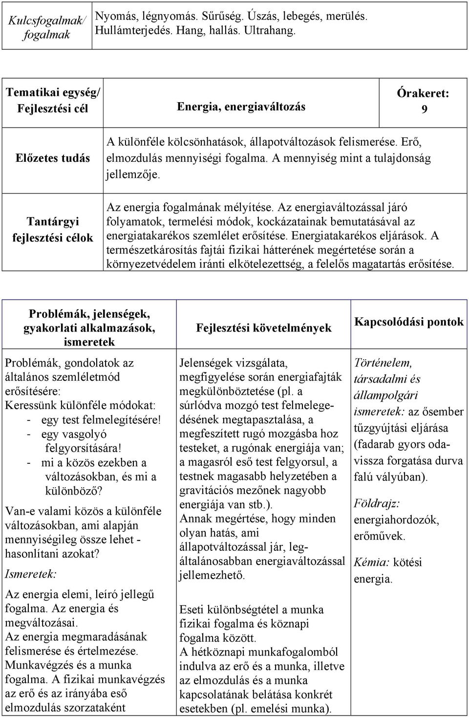 Erő, elmozdulás mennyiségi fogalma. A mennyiség mint a tulajdonság jellemzője. Az energia fogalmának mélyítése.