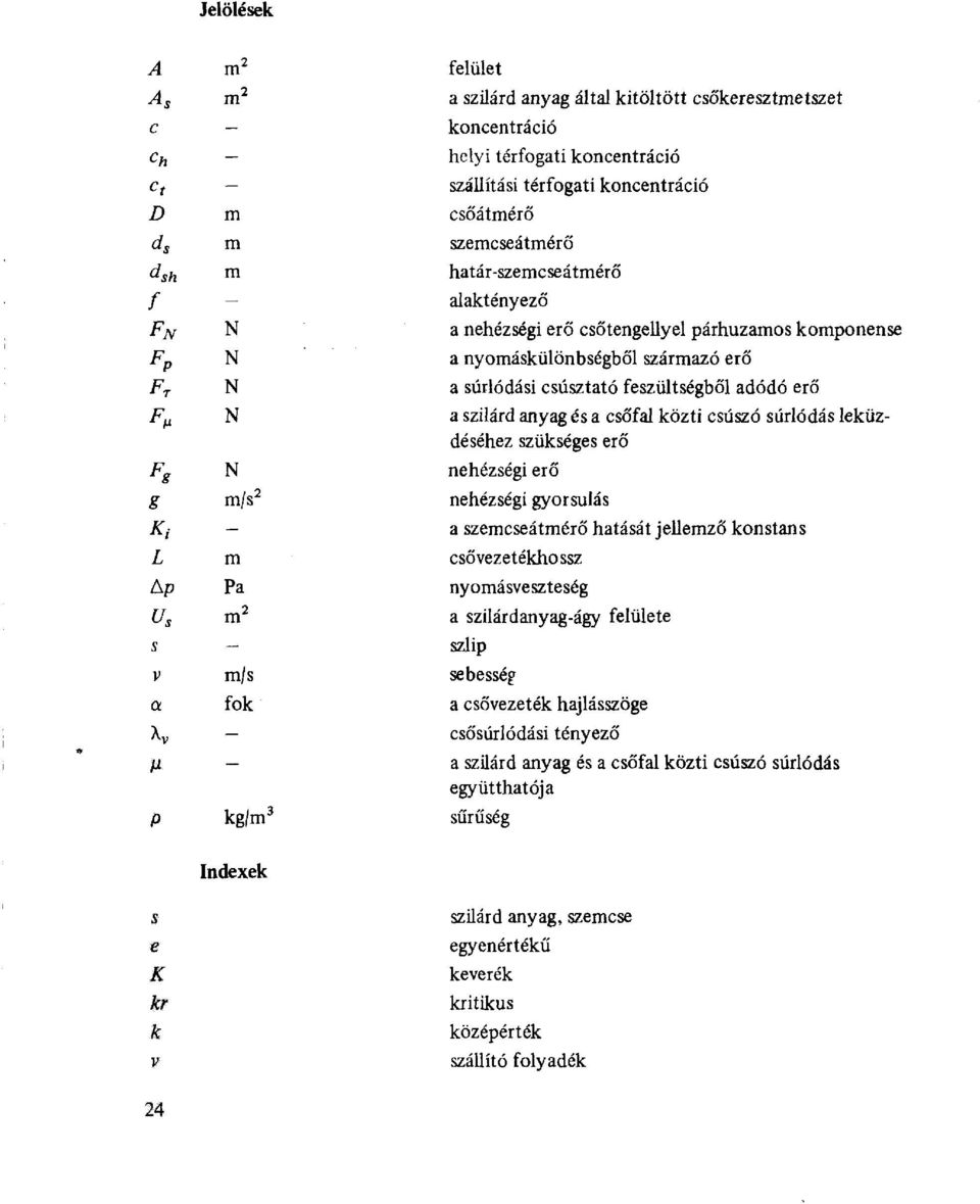 koncentráció csőátmérő szemcseátmérő határ-szemcseátmérő alaktényező a nehézségi erő csőtengellyel párhuzamos komponense a nyomáskülönbségből származó erő a súrlódási csúsztató feszültségből adódó