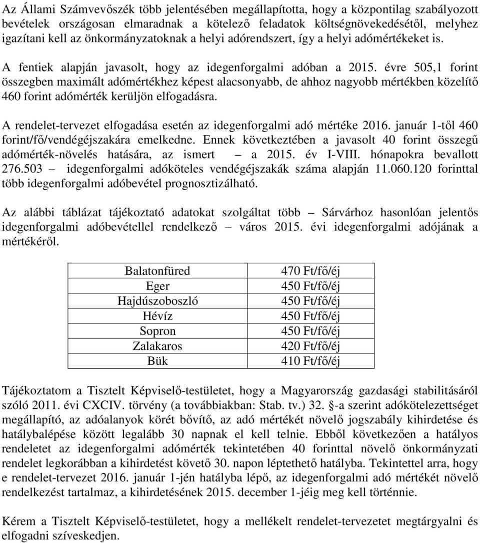 évre 505,1 forint összegben maximált adómértékhez képest alacsonyabb, de ahhoz nagyobb mértékben közelítő 460 forint adómérték kerüljön elfogadásra.