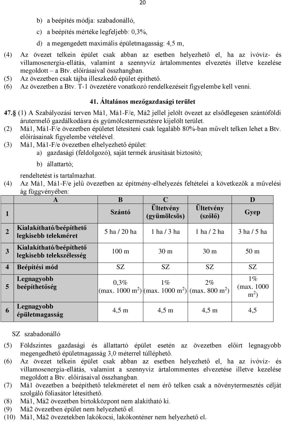 (6) Az övezetben a Btv. T-1 övezetére vonatkozó rendelkezéseit figyelembe kell venni. 41. Általános mezőgazdasági terület 47.