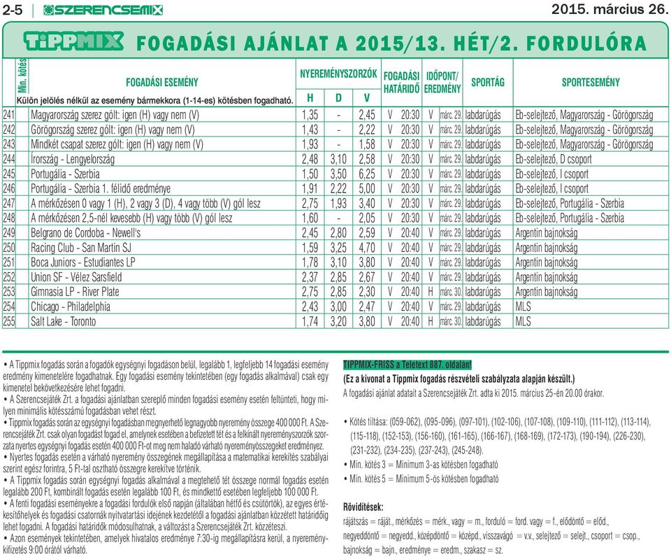 H D V 241 Magyarország szerez gólt: igen (H) vagy nem (V) 1,35-2,45 V 20:30 V márc. 29.