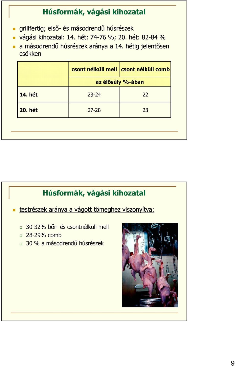 hétig jelentősen csökken csont nélküli mell csont nélküli comb az élősúly %-ában 14. hét 23-24 22 20.