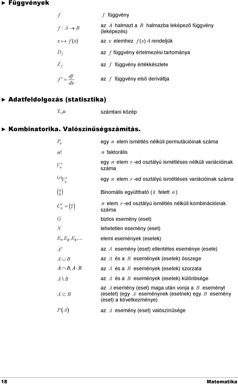 r V n p V n r n n faktorális egy n elem r -ed osztályú ismétléses nélküli variációinak száma egy n elem r -ed osztályú ismétléses variációinak száma k Binomális együttható ( k felett n ) r n C G N n