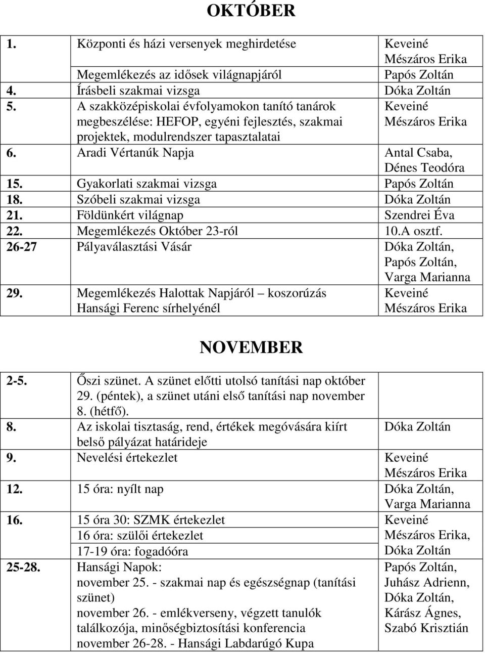 Gyakorlati szakmai vizsga Papós Zoltán 18. Szóbeli szakmai vizsga 21. Földünkért világnap Szendrei Éva 22. Megemlékezés Október 23-ról 10.A osztf. 26-27 Pályaválasztási Vásár, 29.