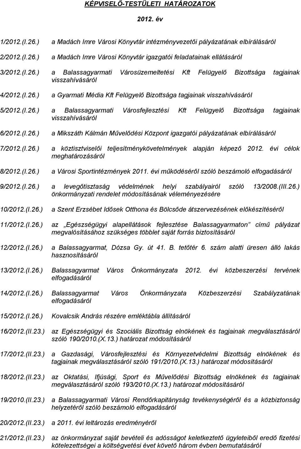 (I.26.) a Gyarmati Média Kft Felügyelő Bizottsága tagjainak visszahívásáról 5/2012.(I.26.) a Balassagyarmati Városfejlesztési Kft Felügyelő Bizottsága tagjainak visszahívásáról 6/2012.(I.26.) 7/2012.