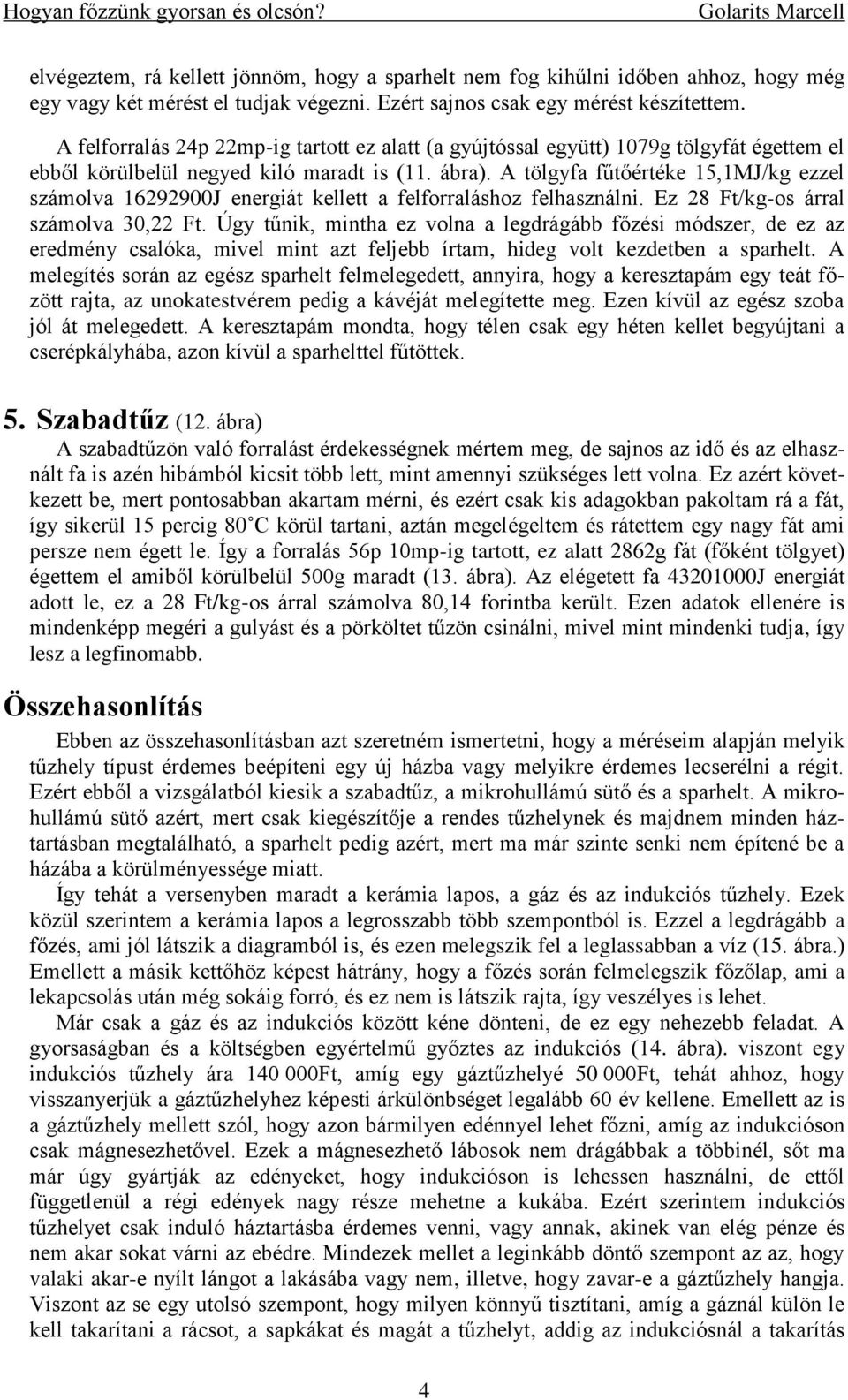 A tölgyfa fűtőértéke 15,1MJ/kg ezzel számolva 16292900J energiát kellett a felforraláshoz felhasználni. Ez 28 Ft/kg-os árral számolva 30,22 Ft.