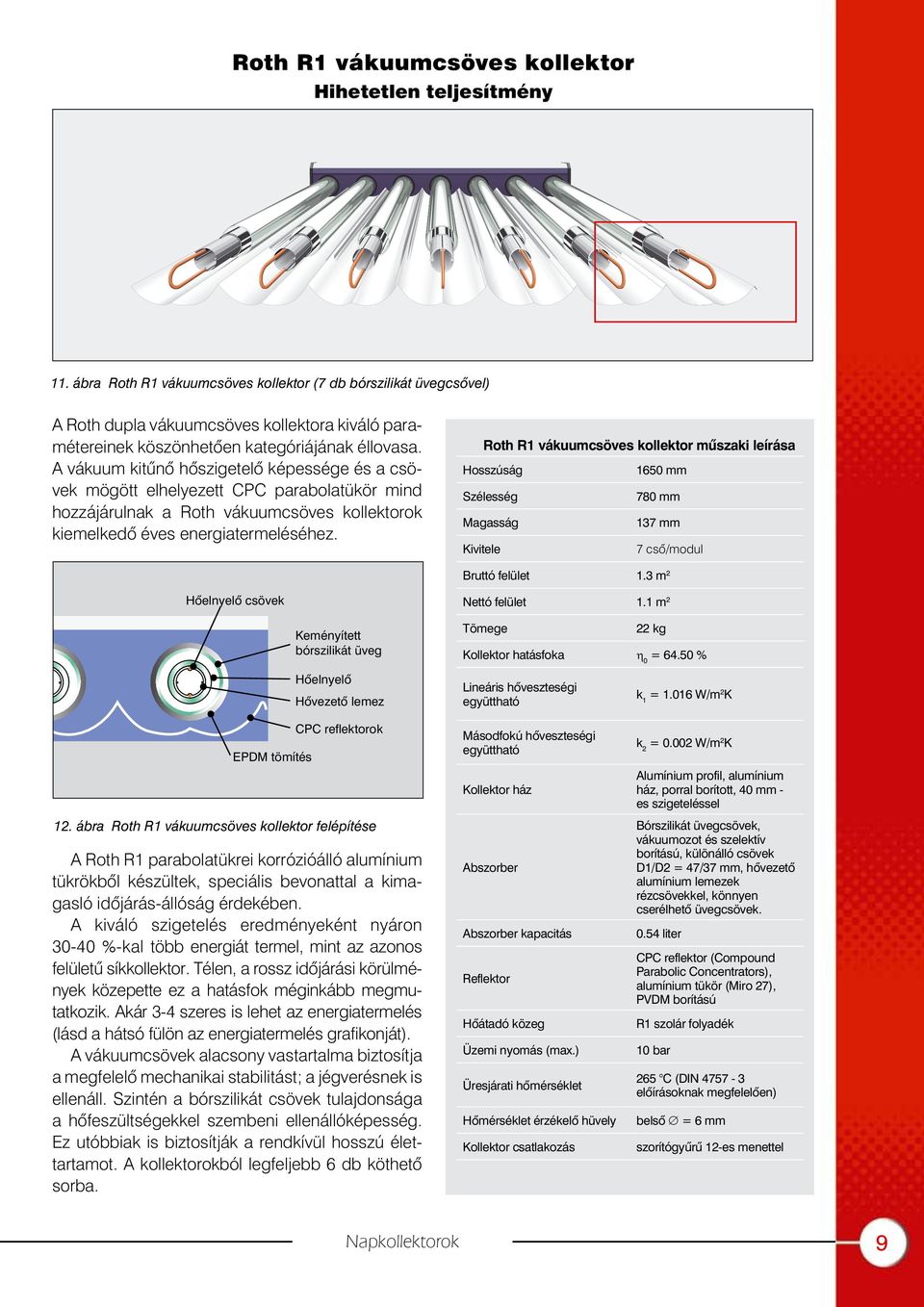 A vákuum kitûnõ hõszigetelõ képessége és a csövek mögött elhelyezett CPC parabolatükör mind hozzájárulnak a Roth vákuumcsöves kollektorok kiemelkedõ éves energiatermeléséhez.