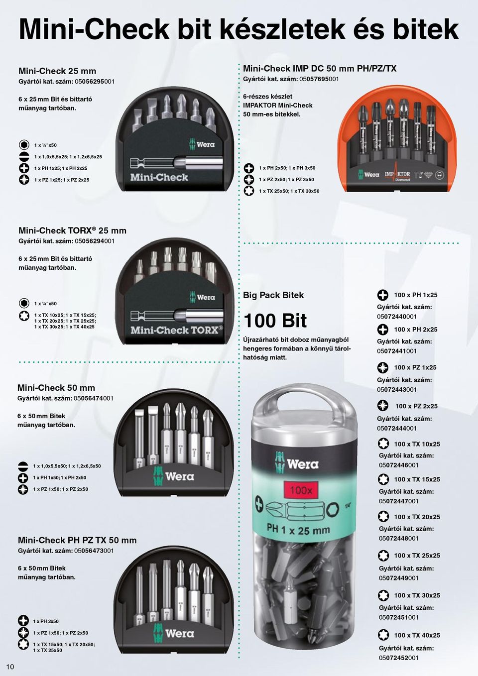 05056294001 6 x 25 mm Bi és biaó műanyag aóban. 1 x ¼"x50 1 x TX 10x25; 1 x TX 15x25; 1 x TX 20x25; 1 x TX 25x25; 1 x TX 30x25; 1 x TX 40x25 Mini-Chck 50 mm 05056474001 6 x 50 mm Bik műanyag aóban.