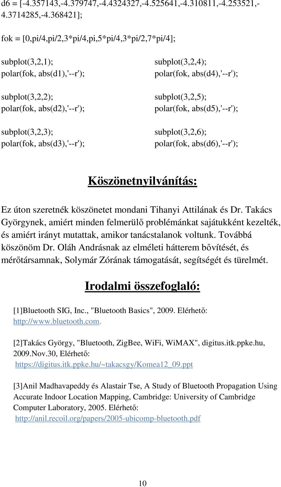 subplot(3,2,4); polar(fok, abs(d4),'--r'); subplot(3,2,5); polar(fok, abs(d5),'--r'); subplot(3,2,6); polar(fok, abs(d6),'--r'); Köszönetnyilvánítás: Ez úton szeretnék köszönetet mondani Tihanyi