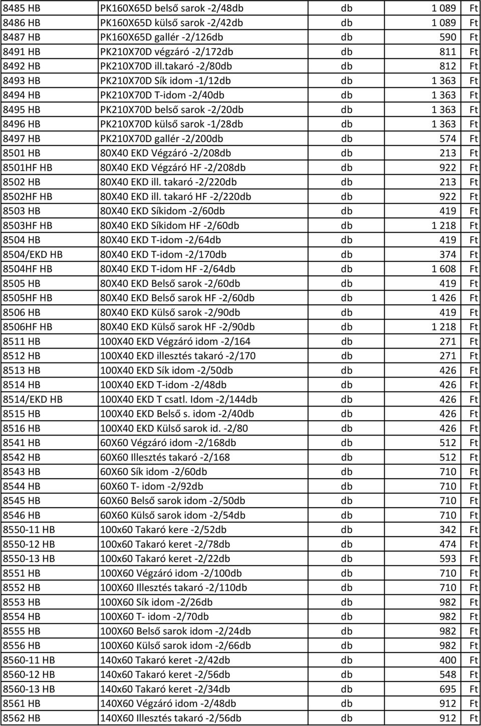 takaró 2/80db db 812 Ft 8493 HB PK210X70D Sík idom 1/12db db 1 363 Ft 8494 HB PK210X70D T idom 2/40db db 1 363 Ft 8495 HB PK210X70D belső sarok 2/20db db 1 363 Ft 8496 HB PK210X70D külső sarok 1/28db