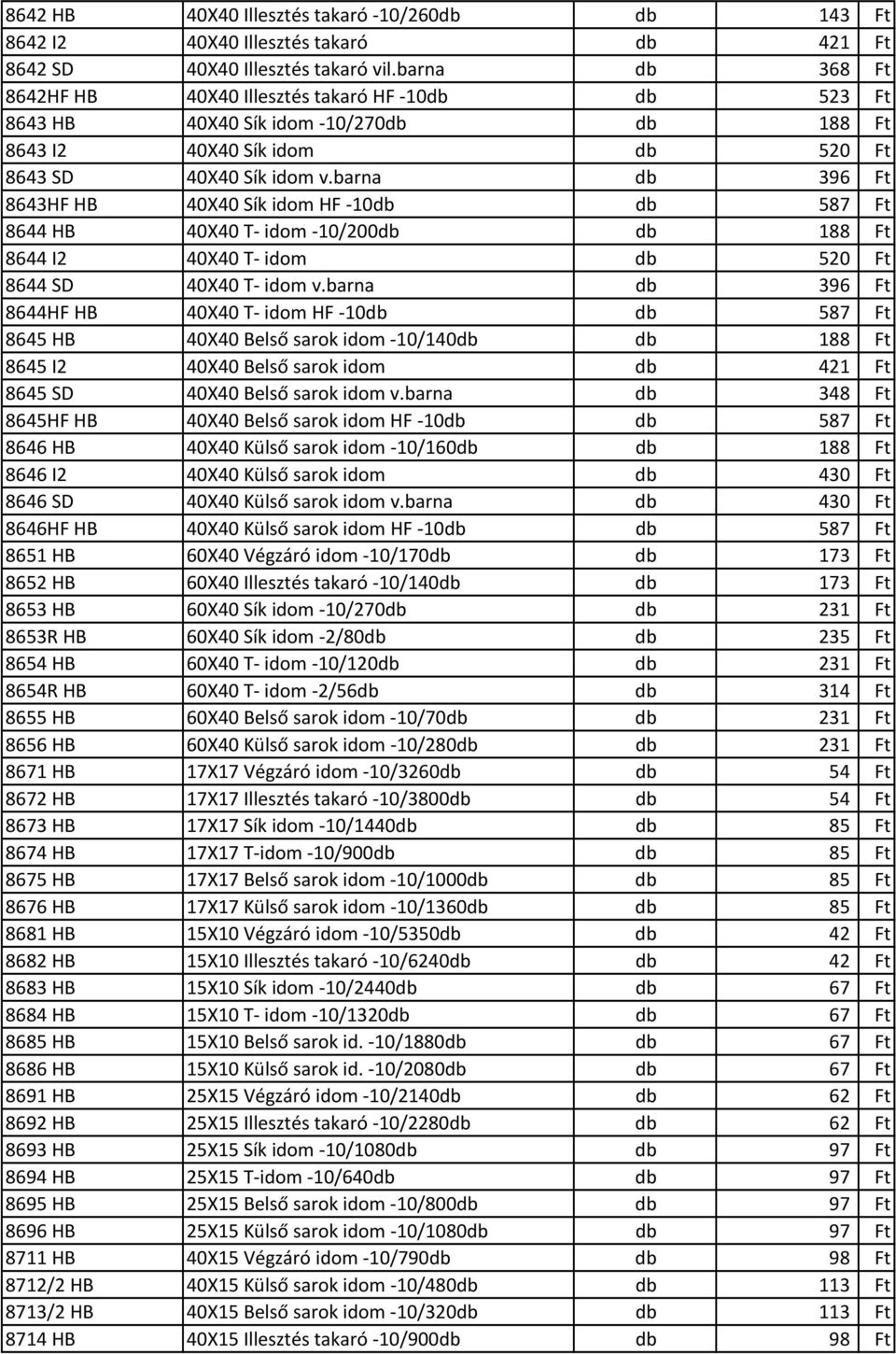 barna db 396 Ft 8643HF HB 40X40 Sík idom HF 10db db 587 Ft 8644 HB 40X40 T idom 10/200db db 188 Ft 8644 I2 40X40 T idom db 520 Ft 8644 SD 40X40 T idom v.