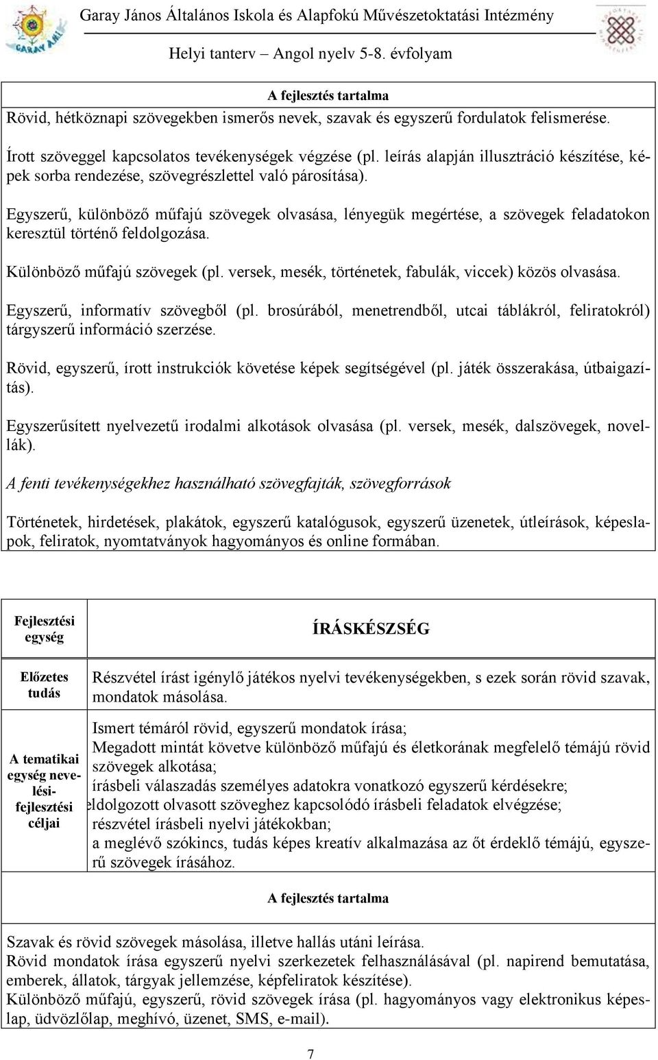 Egyszerű, különböző műfajú szövegek olvasása, lényegük megértése, a szövegek feladatokon keresztül történő feldolgozása. Különböző műfajú szövegek (pl.