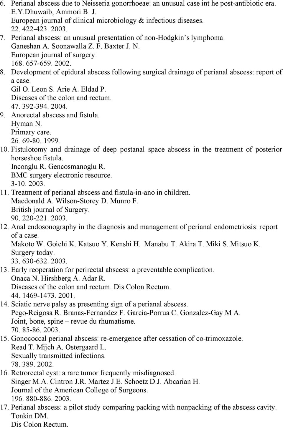 Development of epidural abscess following surgical drainage of perianal abscess: report of a case. Gil O. Leon S. Arie A. Eldad P. Diseases of the colon and rectum. 47. 392-394. 2004. 9.