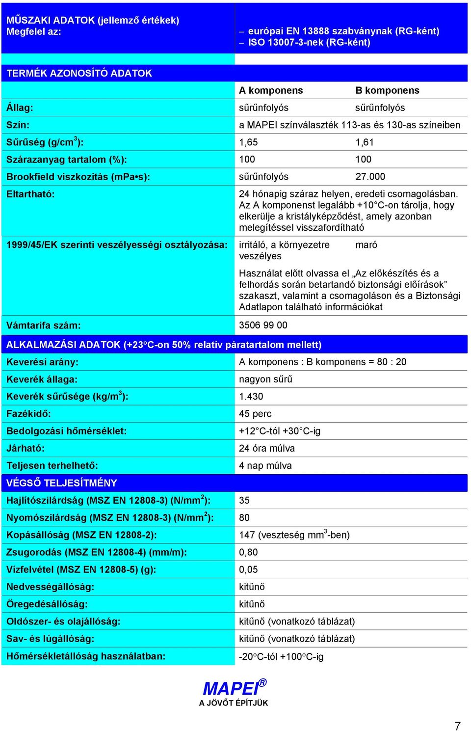 000 Eltartható: 1999/45/EK szerinti veszélyességi osztályozása: Vámtarifa szám: 3506 99 00 ALKALMAZÁSI ADATOK (+23C-on 50% relatív páratartalom mellett) 24 hónapig száraz helyen, eredeti