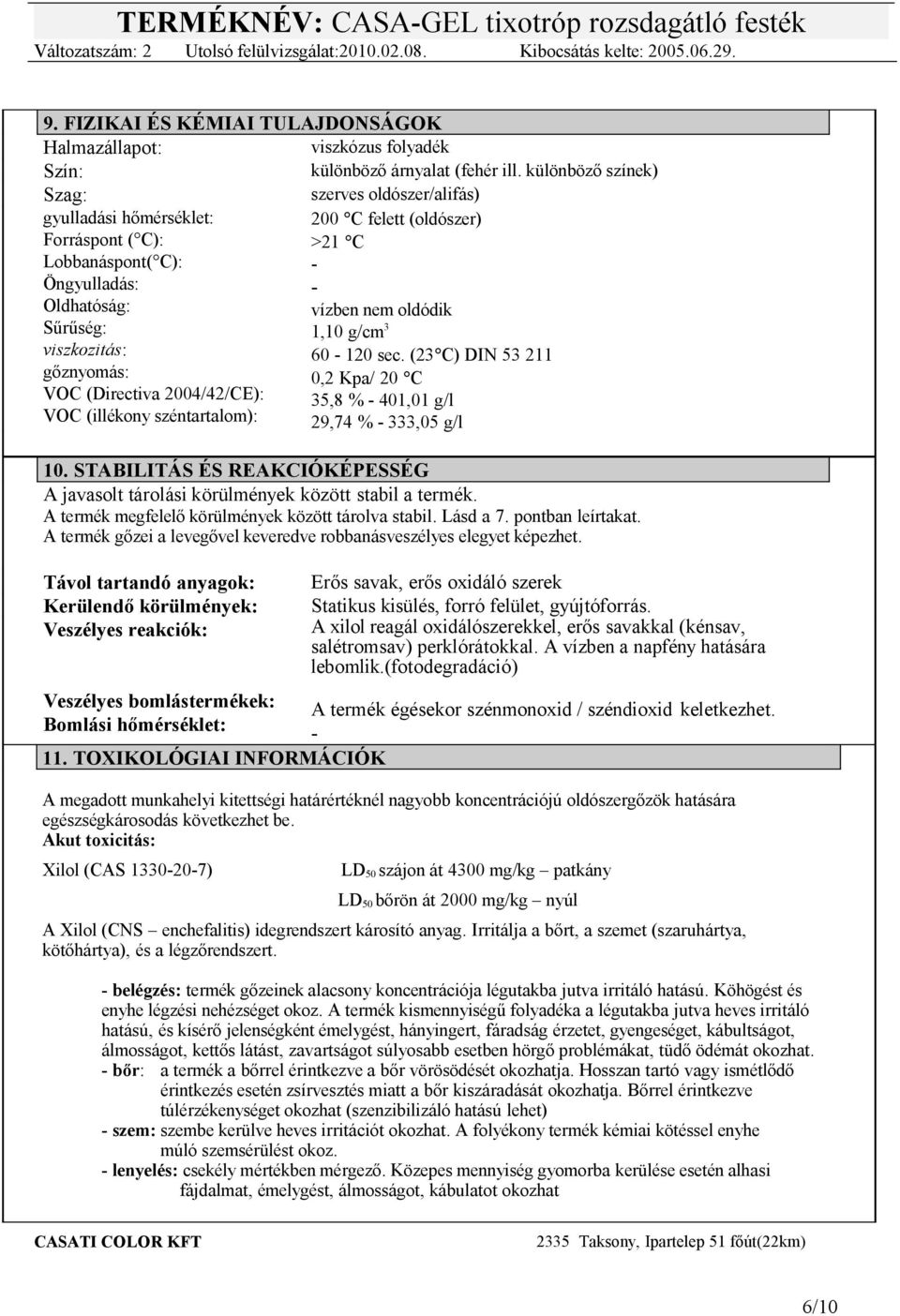 g/cm 3 viszkozitás: 60-120 sec. (23 C) DIN 53 211 gőznyomás: 0,2 Kpa/ 20 C VOC (Directiva 2004/42/CE): 35,8 % - 401,01 g/l VOC (illékony széntartalom): 29,74 % - 333,05 g/l 10.