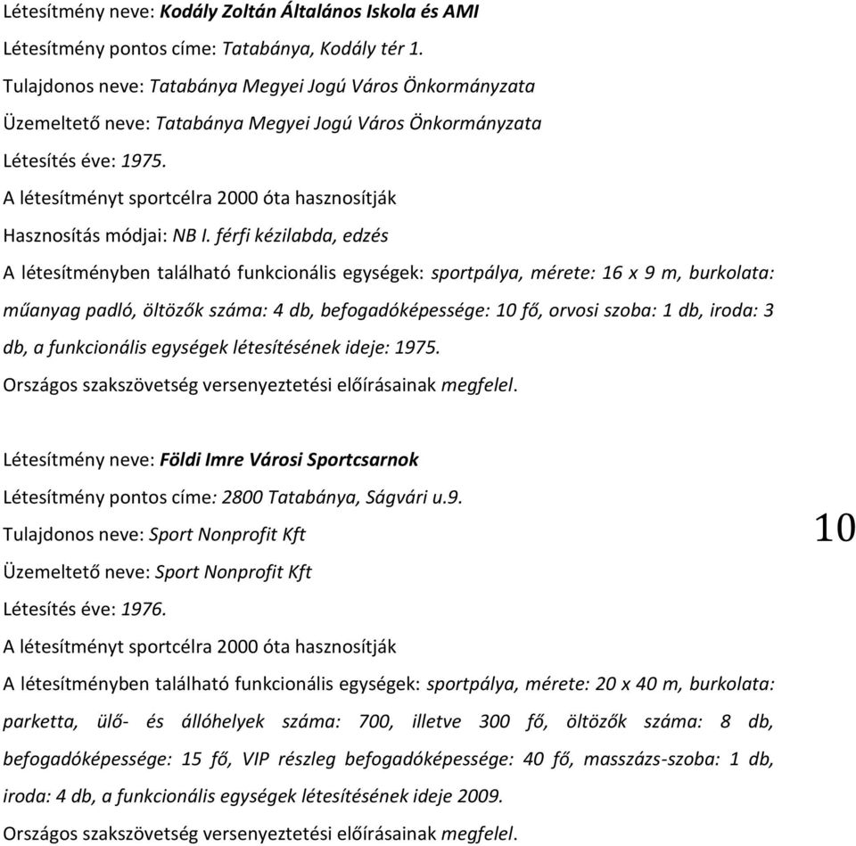 A létesítményt sportcélra 2000 óta hasznosítják Hasznosítás módjai: NB I.