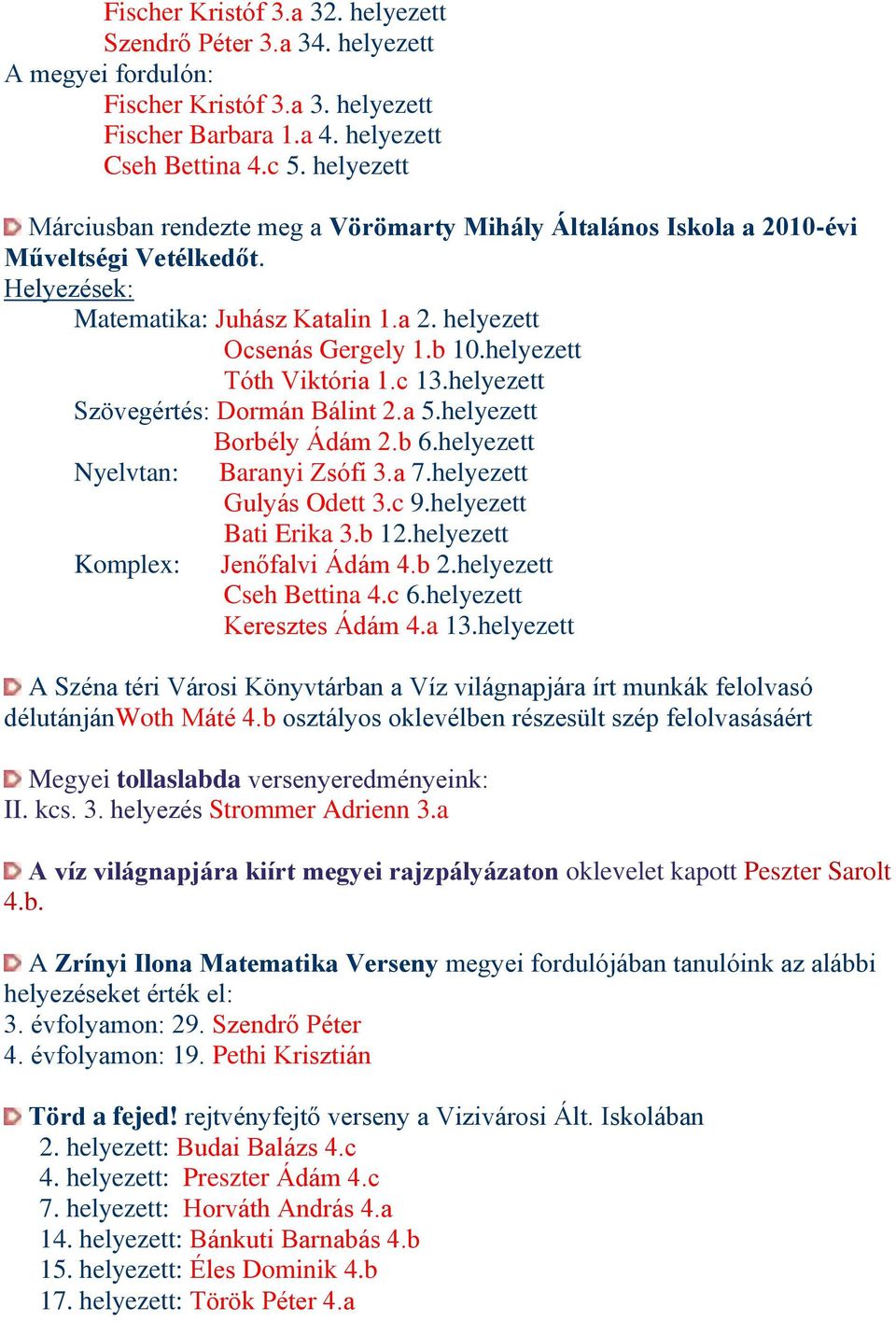 helyezett Tóth Viktória 1.c 13.helyezett Szövegértés: Dormán Bálint 2.a 5.helyezett Borbély Ádám 2.b 6.helyezett Nyelvtan: Baranyi Zsófi 3.a 7.helyezett Gulyás Odett 3.c 9.helyezett Bati Erika 3.b 12.